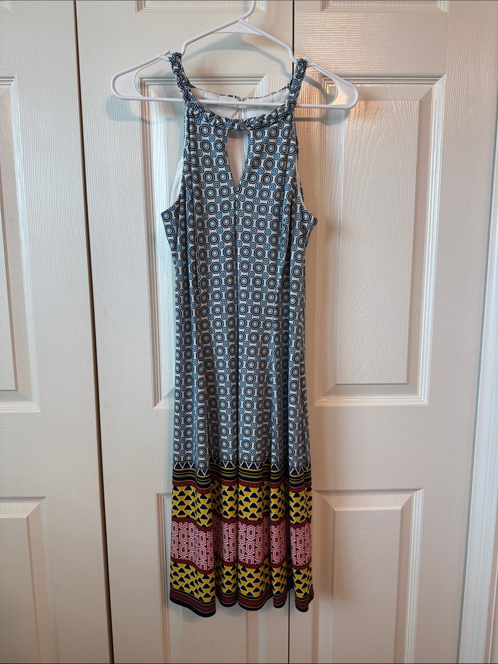 Maggy London Blue Geometric Midi Dress with Yellow and Pink Border